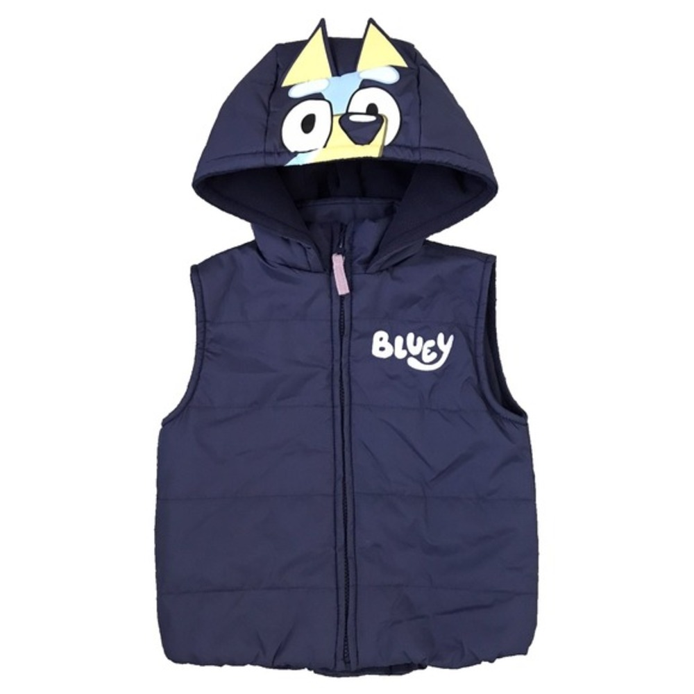 Bluey Kids Puffer‎ Vest Hooded Character Face Size 6 Fleece Lining Blue Outdoor